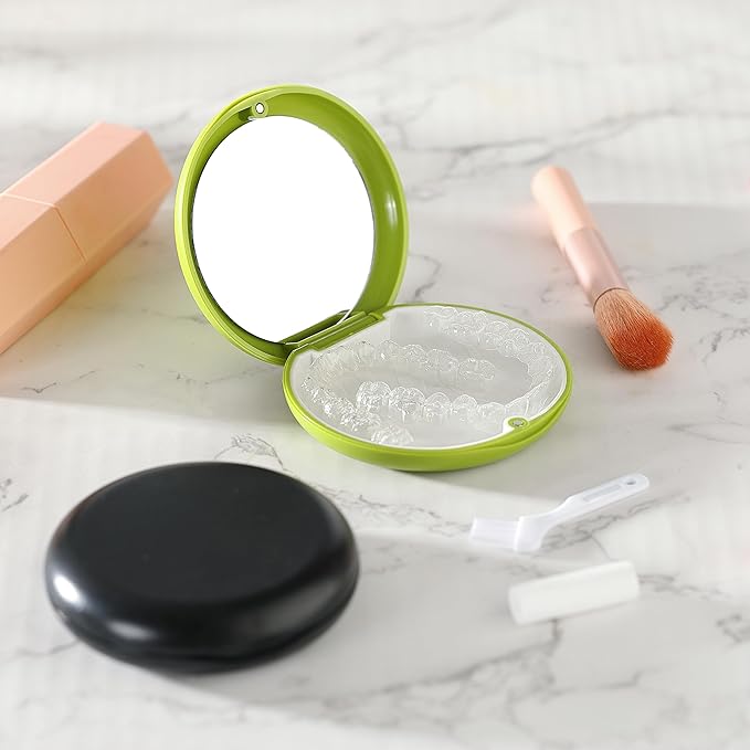 2 PCS Retainer Cases, Compatible with Invisalign, Mouth Guard Case with Mirror, Suitable for Storage Retainer Removal Tool, Chewy, and Brush (1PCS Green White+1PCS Black Purple)