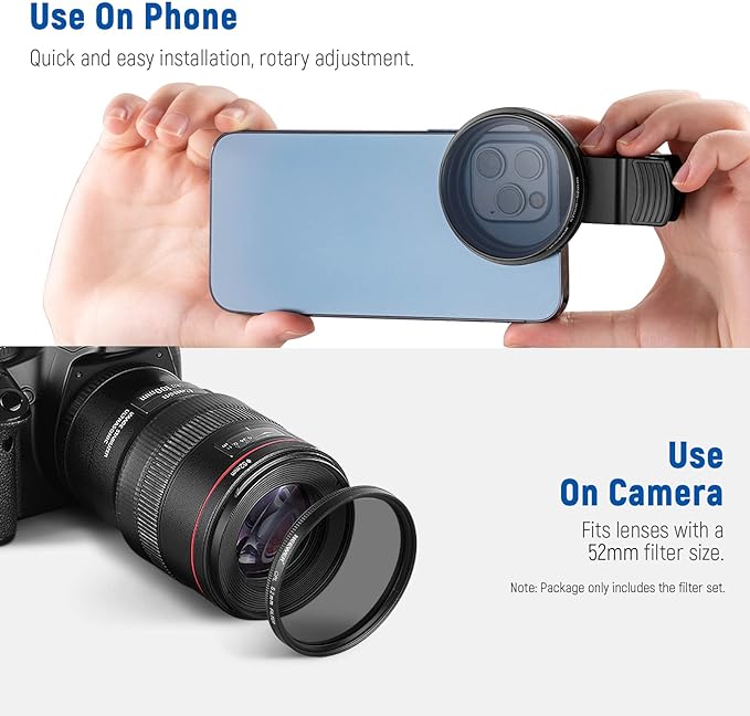 NEEWER 52mm ND + CPL + Star + 4 Graduated Color Filter Set with Phone Lens Clamp Compatible with iPhone 17 16 16e 15 14 Pro Max Plus Canon Nikon Sony Camera