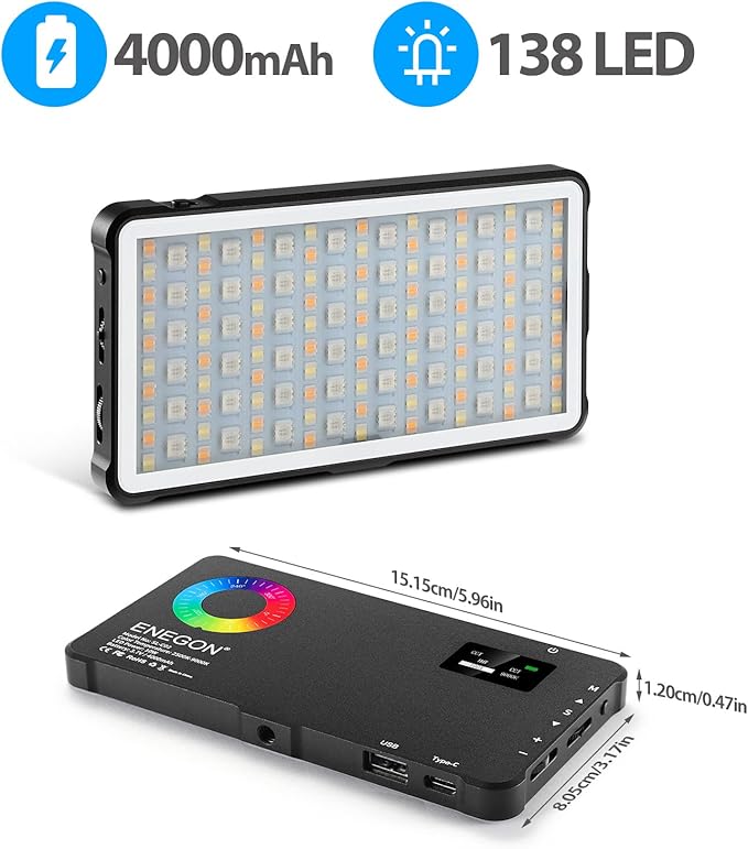 ENEGON RGB Video Light, Built-in 4000mAh Rechargeable Battery LED Camera Light Full Color 24 Common Light Effects, CRI≥95 2500-9000K LED Video Light Panel with Power Bank Function.