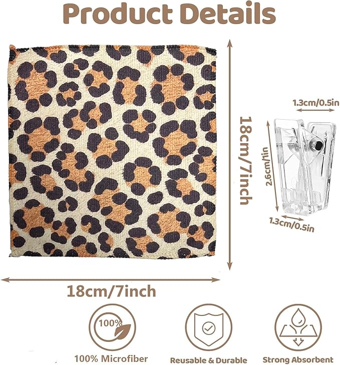 8-Pack Ultra-Fine Microfiber Kitchen Towels, 7-Inch Square with 8 Clips & Multiple Patterns – Soft, Absorbent, Reusable Cleaning Cloths (Leopard Print)
