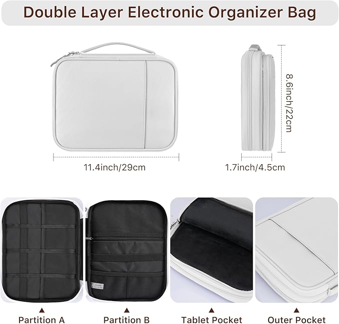 Dadanism Electronics Travel Organizer Case, Double Layers Cord Organizer Travel All-in-One Storage Bag for Cable, Cord, iPad, Chargers, fits 9-11'' Tablets, Portable Tech Accessories Bag, Gray White