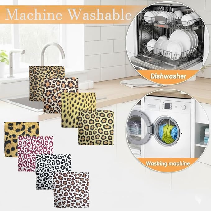 8-Pack Ultra-Fine Microfiber Kitchen Towels, 7-Inch Square with 8 Clips & Multiple Patterns – Soft, Absorbent, Reusable Cleaning Cloths (Leopard Print)