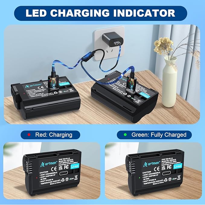 Artman EN-EL15C Battery 2-Pack 2500mAh with 2in1 USB-C Charging Cable, EN-EL15 Battery for Nikon Z8 Zf Z5 Z6 Z6 II Z7 Z7II D7000 D7200 D7500 D600 D610 D750 D780 D800 D850 D800E D810 D810A 1 V1 Cameras