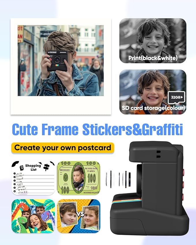 Instant Print Camera for Kids,Dual Len Kids Cameras with 2.4 Inch Screen, Christmas Birthday Gifts for Girls Age 3-12, Portable Toddler Toy for 3 4 5 6 7 8 9 10 Year Old Girls Boys (Black)