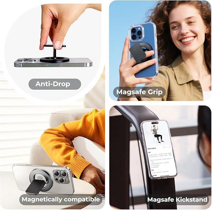 Dual-Side for Magsafe Phone Grip with Magnetic Phone Stand, Magnet Ring Holder for iPhone 17/16/15/14/13/12 Pro Max Air Series Magsafe Case, Strong Magnetic Car Mount, Gym Phone Holder