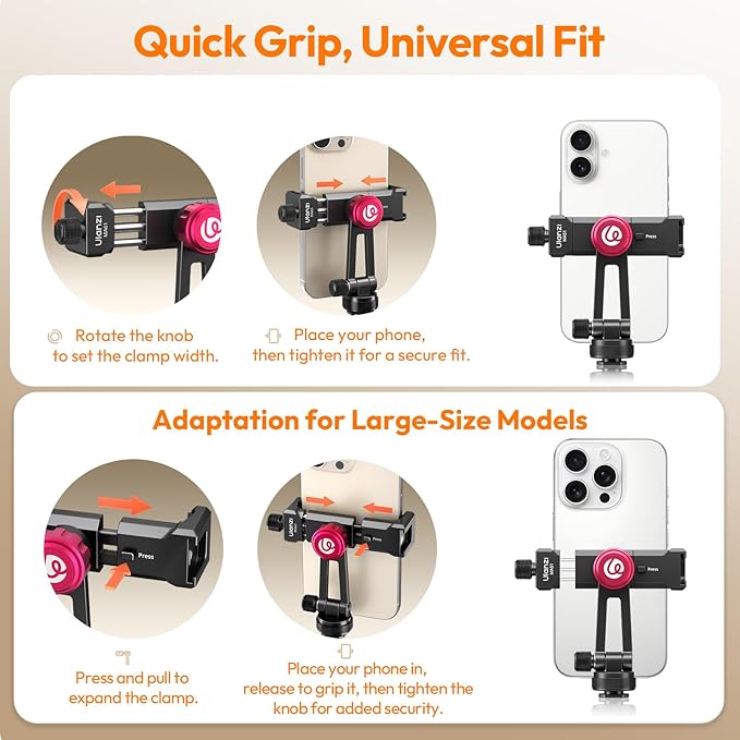 ULANZI MA61 Metal Phone Tripod Mount with Cold Shoe, 360° Adjustable Hot Shoe Camera Phone Mount for iPhone 17 16 15 14 Pro Max, Samsung, Aluminum Alloy Clamp for Vlogging, Live Streaming, Video