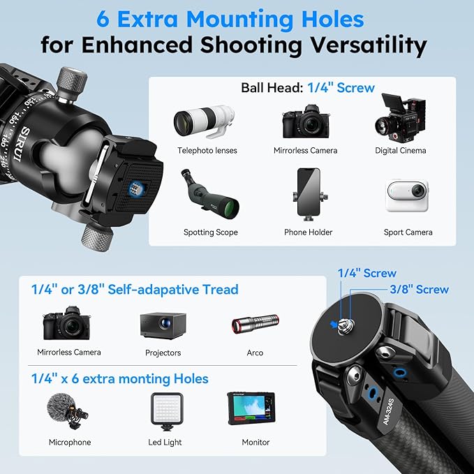 SIRUI Heavy-Duty Carbon Fiber Tripod, 59.8” Pro Tripod with Low Center of Gravity Ball Head, 44lbs Load, 6 Mounting Ports, Corrosion Resistance–for DSLR, Mirrorless, Telephoto, Wildlife（AM-324S+G1）