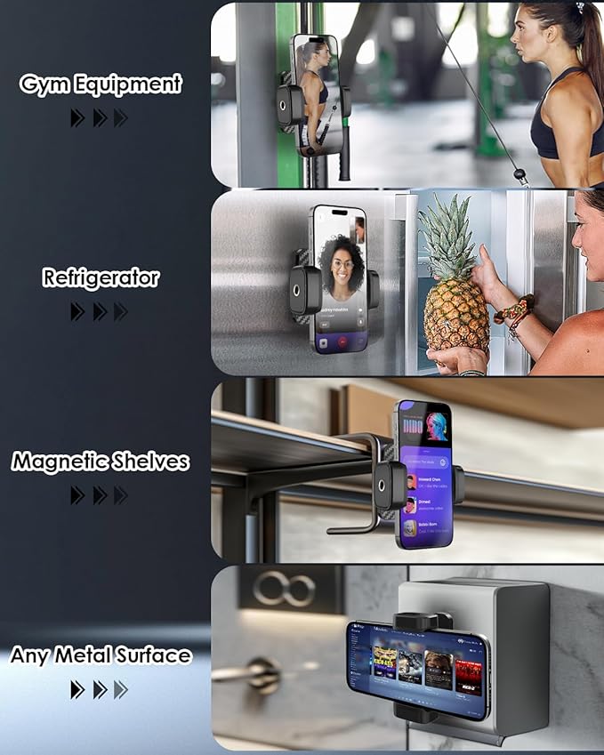 IPOW Magnetic Gym Phone Holder with 360° Rotation, Strong Alloy Base & Adjustable Arm, Compatible with 4.7"-6.5" Smartphones, Magnetic Mount for Gym Equipment, Workout, Treadmill – Black