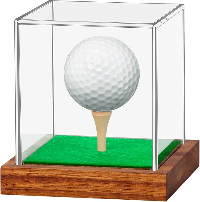 Hooqict Golf Ball Display Case Clear Acrylic Golf Ball Case Display with Wood Base & Tee Ball Holder Stand UV Protected Square Cube Box Single Ball Storage Golfball Collections