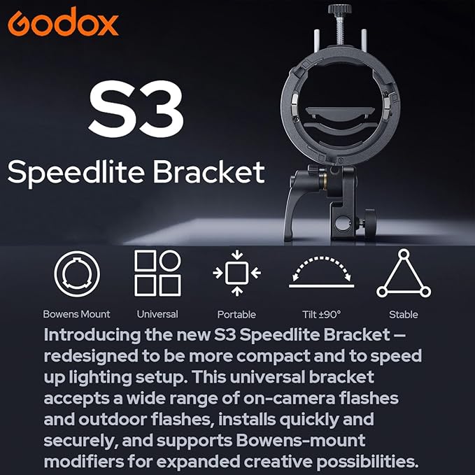 Godox S3 Speedlite Bracket (𝐒𝟐 𝐔𝐩𝐠𝐫𝐚𝐝𝐞𝐝 ) for Godox V1 AD200Pro AD200ProII AD300Pro AD400Pro AD100Pro V860III /TT685III /TT600 /TT350, Flash Bracket for Softbox Snoot , Bowens Mount Holder