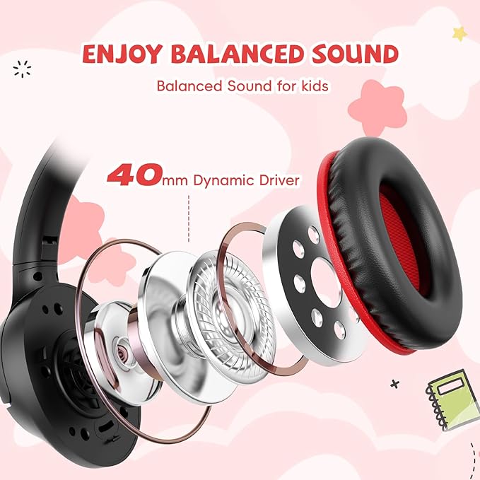 Kids Headphones Wired with USB C Plug, 85/94 dB Volume Limit, USB Type C Headphones for Kids Boys Girls, Foldable Stereo Sound Over Ear Wired Headphones for School/Tablet/Travel, Black Red