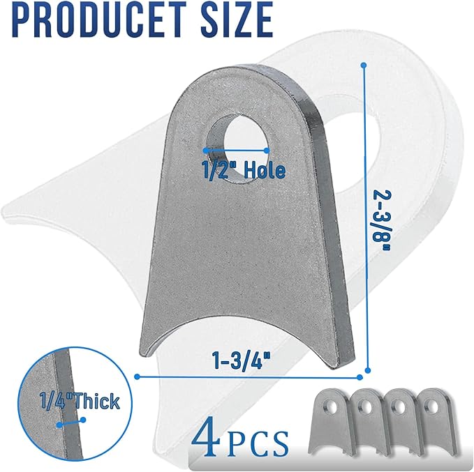 Weld on Tabs, Steel Shock mounts, Universal Weld on Tabs Axle Mount with a 1/2" Hole. 2-3/8" Height, 1-3/4" Wide, 1/4" Thick Fits 1.5" to 1.8" Axle Pack of 4 Tabs Steel Mounting Bracket OywhC-7