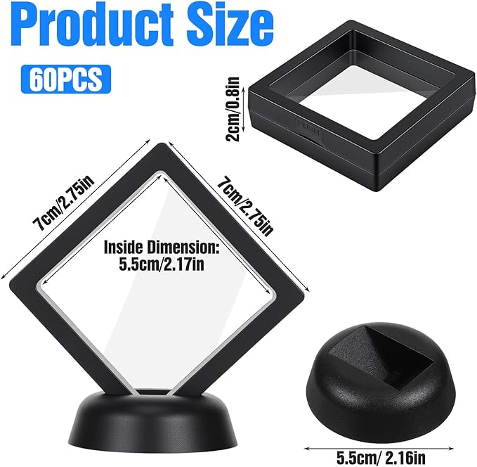 60 Pcs 3D Floating Display Case with Stand, 2.8 x 2.8 x 0.8 Inch Black Challenge Coin Display Case Clear Film Jewelry Storage Holder for Jewelry, Specimen, Rock