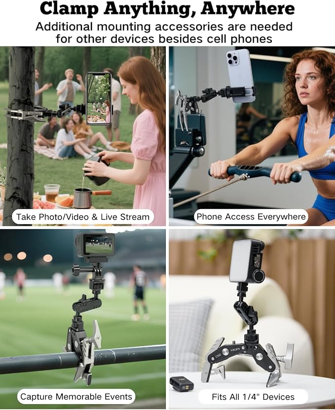 HEIPI Super Clamp Camera Mount Holder - Sabertooth C100 with 360° Ballhead Magic Arm MA175 and Phone Clip PC01 for Tripod Accessories, Round Tube, Flat Surface