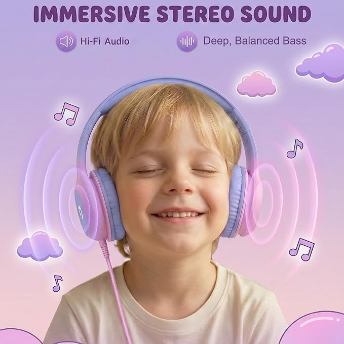 Wired Kids Headphones with USB C Plug, 85dB Safe Volume, Adjustable Headband, Tangle-Free Cord Headphones for School, Tablet, Travel (Light Purple & Pink, Without Microphone)
