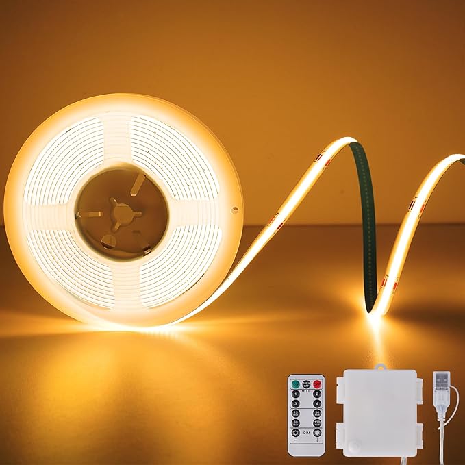 OMIKA COB LED Strip Lights, 6.56FT 2700K Warm White Battery Powered 640LED LED Strip Lights with Remote Control Timer Dimmable Flexible Cuttable Tape Lights for Cabinet Shelves Bedroom