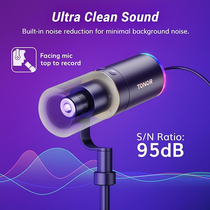 TONOR Dynamic Podcast Microphone, XLR/USB Mic for Recording, Streaming, XLR Cardioid Studio Mic with Quick Mute, Volume Control, 200 cm/78inch Cable, with RGB and Desktop Stand, Black, TD520S