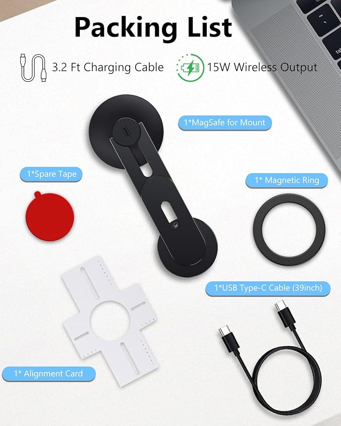 Magnetic Phone Holder for Laptop, MagSafe Laptop Phone Mount with Wirelesss Charger for iPhone 17/16/15/14/13/12, Magnetic Phone Mount for Tesla Model 3 Model Y/X/S (Black)