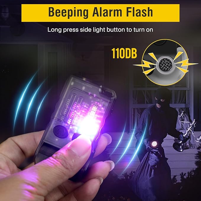 BORUIT V20 Small Powerful Flashlight Super Bright with Red Blue Warm Light, 180° Head Swivels 110dB Buzzer - Mini Keychain Pocket Rechargeable LED Flashlights USB EDC Clip Flash Light