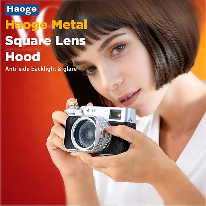 Haoge LH-X200S Square Metal Lens Hood with 49mm Adapter Ring Metal Cap for Fujifilm X100VI x-100vi x100v x100f x100t x100s Fuji Photo Camera Accessories Silver