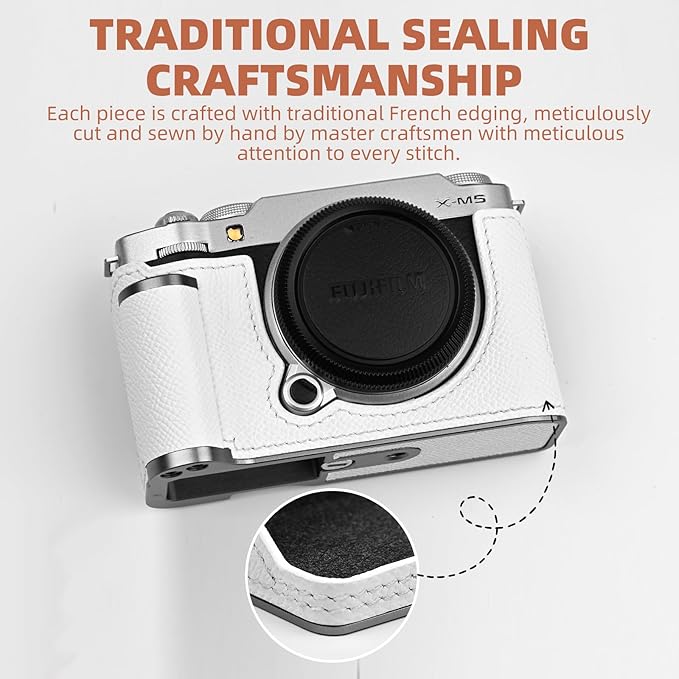 Uchandmade Handmade Genuine Leather Camera Half Case for Fujifilm X-M5/Fujifilm X-M5 Camera Case/Fujifilm X-M5 Case - Top Layer Cowhide Body + Metal Base Plate+ Hand Shank Design (White)