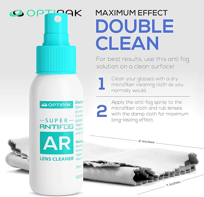 Anti Fog Lens Cleaner Spray Kit | (1) 1oz Anti Fog Glasses Cleaner Spray + (1) Microfiber Cloth for Eyeglasses, Goggles, Sunglasses, Mirror - Eyeglass Defogger Spray Cleaning Kit (2 Piece Set)