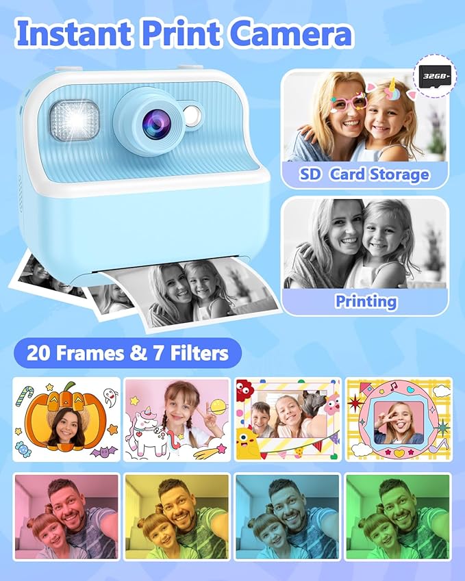 Kids Camera Instant Print, Christmas Birthday Gifts for Kids Age 3-12, HD Camera for Kids with Printing Photo Paper, Portable Toy for 4 5 6 7 8 9 10 Year Old Girl with 32GB SD Card-Blue