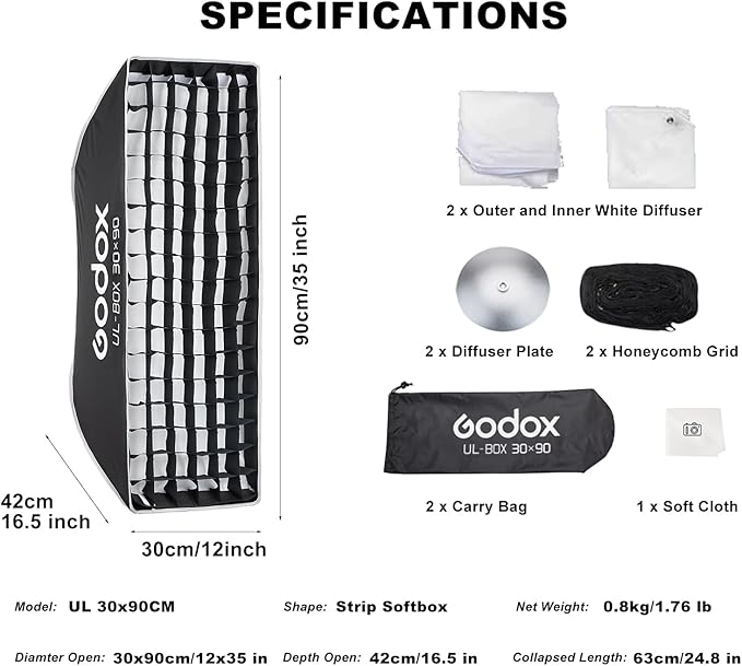 Godox 2pc Quick Release Strip Softbox,UL 12"x35"/30x90cm Bowens Mount Soft Box with Grid,Diffuser,Carry Bag for Studio Strobe Flash Continuous Light,Outdoor Photography Video Recording,Live Streaming
