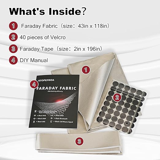 Faraday Fabric DIY Faraday Bags & Cage, Military Grade EMF/EMP Protection Shield, 43" x 118" Cloth + 2" x 196" Tape, Signal Blocker for Cell Phone/WiFi/GPS/RFID/Bluetooth