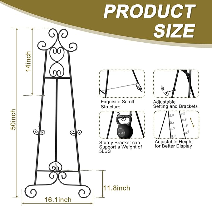 Easel Stand for Sign, Black Vintage Decorative Adjustable Floor Metal Display Easel with Chain Support for Wedding Signs, Art, Posters, Pictures, Welcome Signs, Suitable for Home, Parties, Galleries