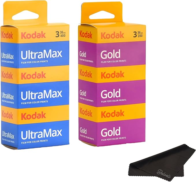 Kodak Ultramax 400 & Gold 200 35mm Film Bundle - 6 Rolls (36exp Each) - Includes Balveli Microfiber Cloth