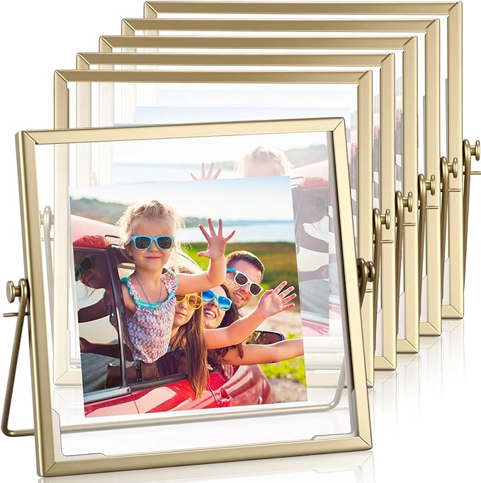 Amyhill Set of 6 Metal Picture Frames Vintage Minimal Ornate Floating Frames 4 x 4 Inches Photo Antique Easel Stand Vertical Glass Holder for Pictures Photos Desk Tabletop Display(Gold)