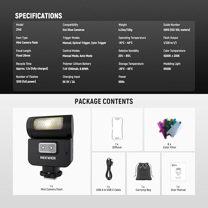 NEEWER Z140 16Ws Mini Camera Flash Light, GN15 1200mAh/1200 Full Power Flashes/1.2s Recycle/6200±200K, Manual 1/128-1/1 Power & S1/S2 Mode, Speedlite Compatible with Canon Nikon Sony Fujifilm Cameras