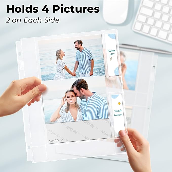 Dunwell 4x6 Photo Sleeves for 3-Ring Binder, (Horizontal, 25 Pack) for 100 Pictures, Each Sheet Holds Four 4 x 6 Pictures or Postcards, Acid-Free Poly Photo Album Refill Pages
