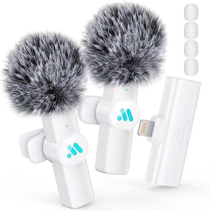 Lavalier Wireless Microphone for iPhone 7-14 iPad,mini Microphone for Game Live Streaming,Interviews,Video Recording（White）