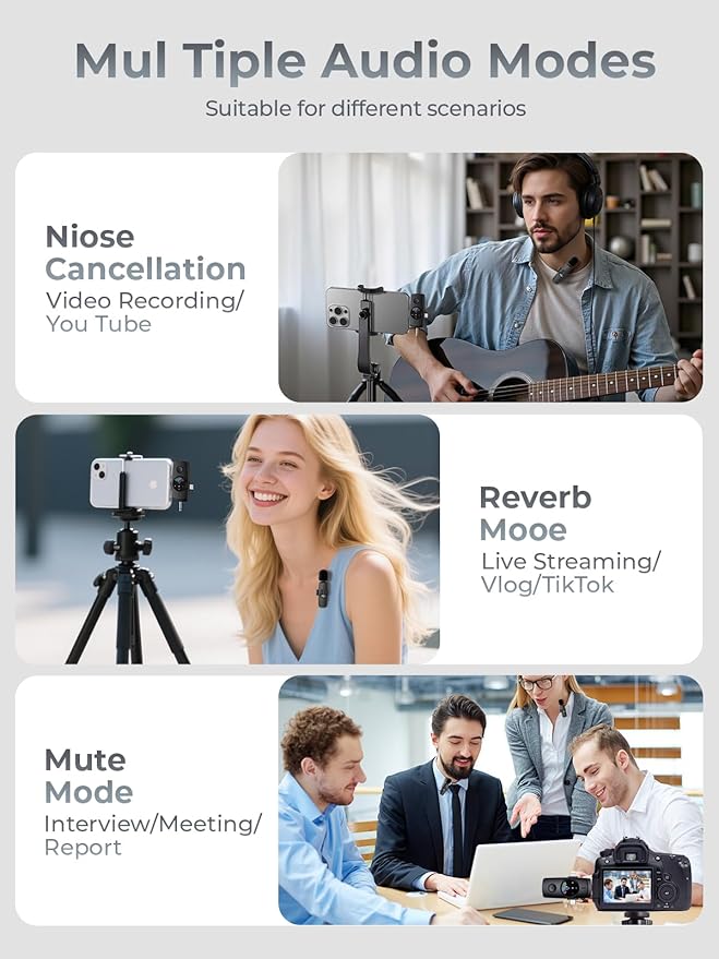 Wireless Lavalier Microphone for iPhone 3-in-1 Mini Mic with 20H Battery & 80ft Range - DSP Noise Cancellation, Smart Modes for Content Creators Live Streaming