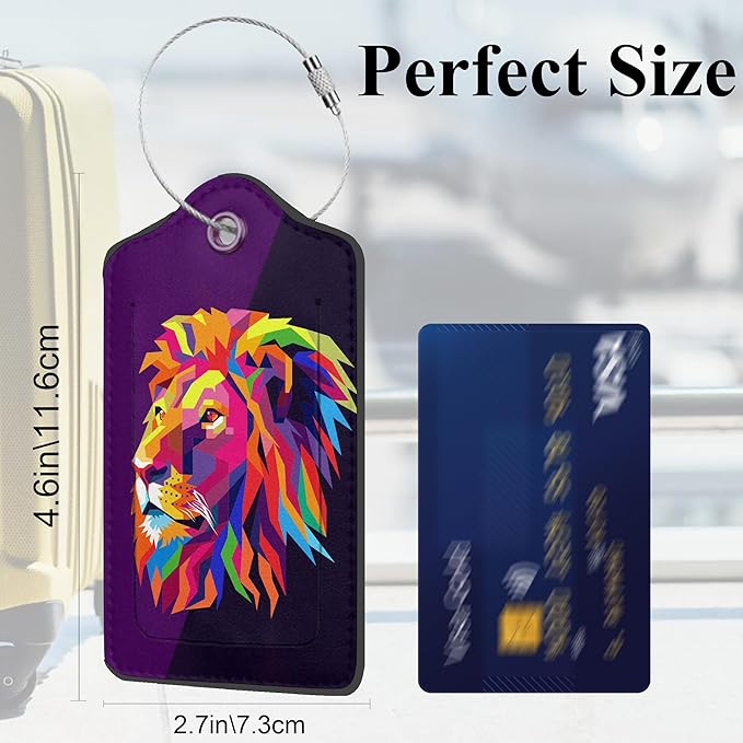 Colorful Pop Art Lion PU Leather Luggage Tags for Suitcase, Travel Cruise 2 Pack with Privacy Flap, Name ID Label and Metal Loop for Women Men Girls Baggage Backpack