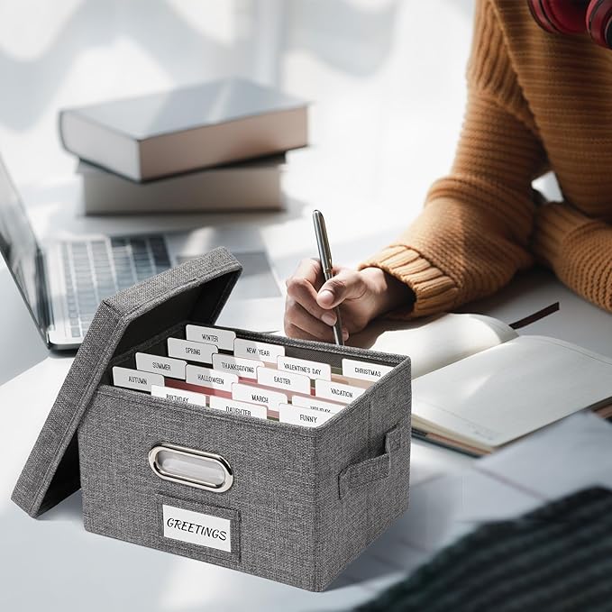 Hiwhy Greeting Card Storage Box, Linen Storage Box with 16 Adjustable Dividers, 84 Labels, 1 Marker Pen, Perfect for Organizing Greeting Cards, Envelopes, Photos 1 Pack Grey