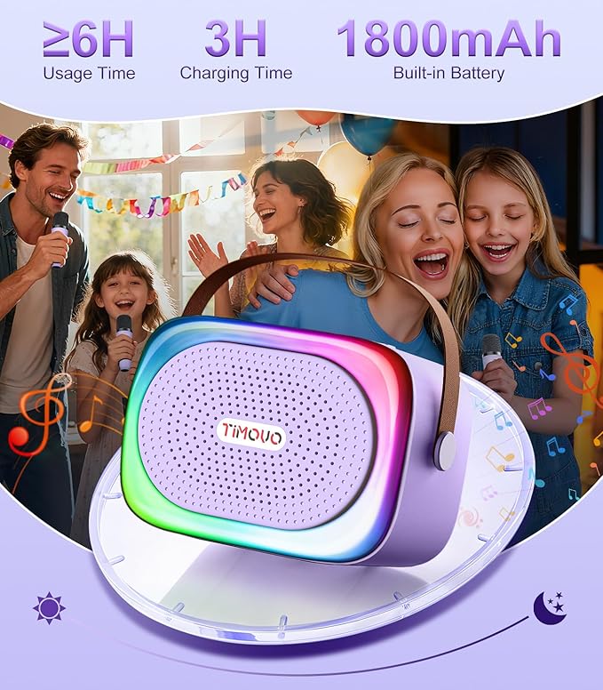 TiMOVO Mini Karaoke Machine, Portable Bluetooth Speaker with 2 Wireless Microphones and LED Lights, Birthday Gifts for Family Home Party, Purple