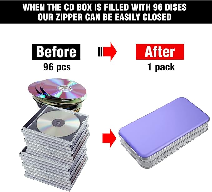 DVD Case, Bivisen CD Case Holder Wallet Binder 96 Capacity CD/DVD Cases Storage Holder Binder Organizer Wallet Book for Car Home Travel (Light Purple)