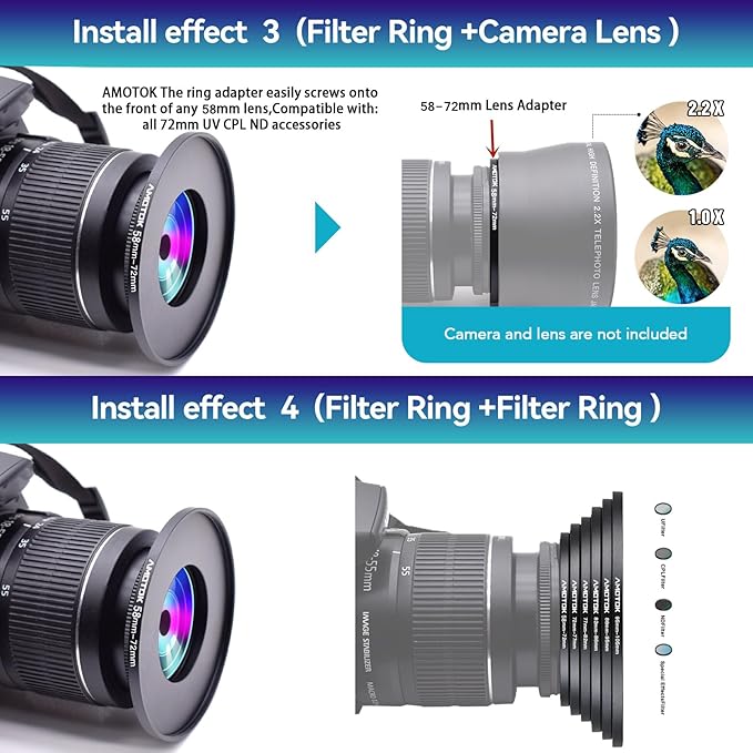 58mm to 72mm Camera Filters Ring Compatible All 58mm to 72mm UV CPL ND Filter Accessory and Lens Hood