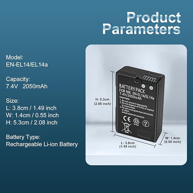 EN-EL14 / EN-EL14a Lithium Ion Battery Packs, 7.4V 2050mAh Compatible with Nikon D5100 D3200 D5300 D3100 D5200 D3300 D5500 D3400 Df D3500 D5600 P7000 P7100 P7700 P7800 Digital Camera (1 Pack)