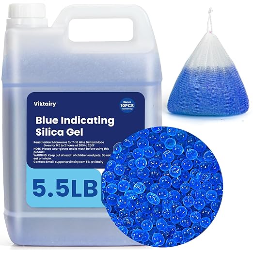 5.5LBS Silica Gel Desiccant Beads, Premium Blue Indicating Reusable Desiccant Bulk, Industry 3-5 mm Silica Beads Dehumidifier for 3D Filament, Electronic Devices, Camera, Jewelry, Safe (10PCS Bags)