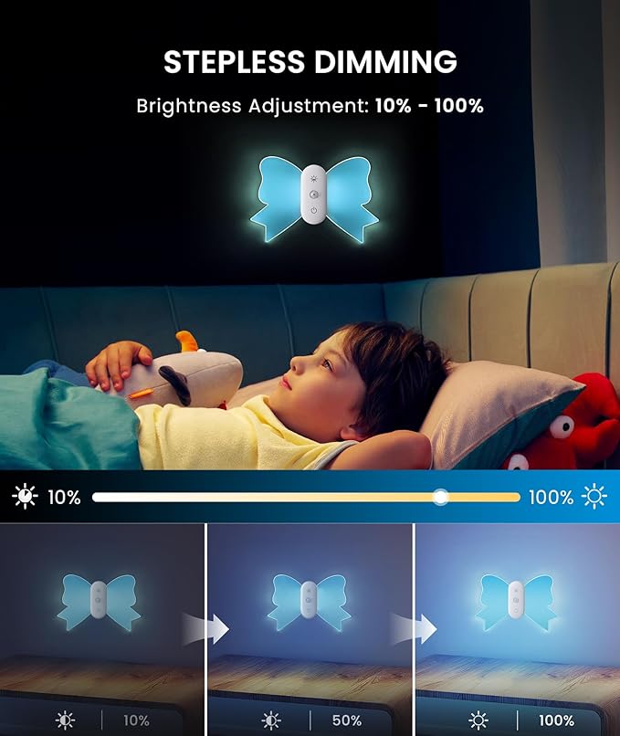 LOFTEK Rechargeable Motion Sensor Wall Sconce 2PCS- 15 RGB Butterfly Ambient Light Dimmable - Acrylic Bow-Knot Night Light Peel & Stick Wall Lamp for Balcony Bedroom Stair Hallway Kid's Room