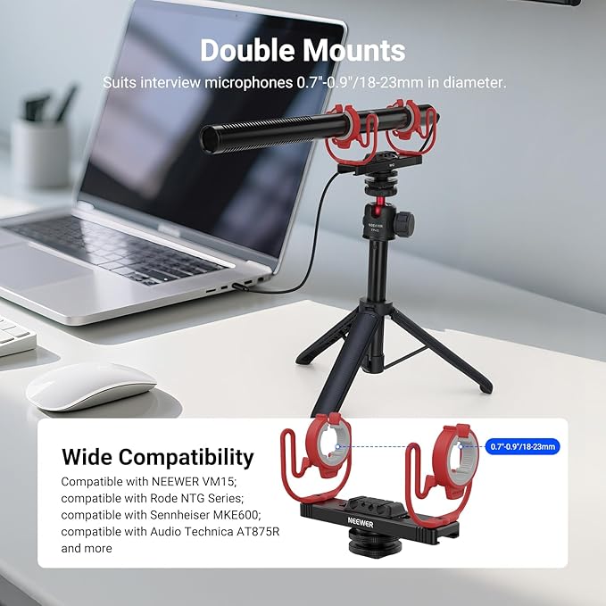 NEEWER Microphone Shock Mount, Adjustable Cold Shoe Mic Holder for Camera, Boom Pole, Tripod Accessories Compatible with Rode NTG Series Sennheiser MKE600 Audio Technica AT875R, MH2