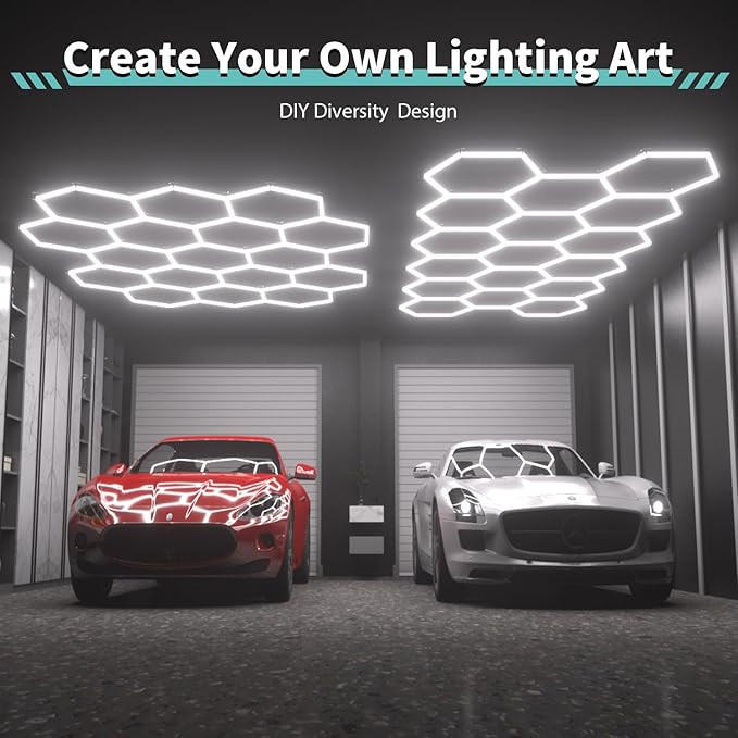Hexagon Garage Lights: 476W 68 Pack 17 Grids LED Garage Lights - Easy Install 6500K Super Bright Honeycomb Light for Warehouse, Car Detailing Shop, Exhibition Hall, Gym