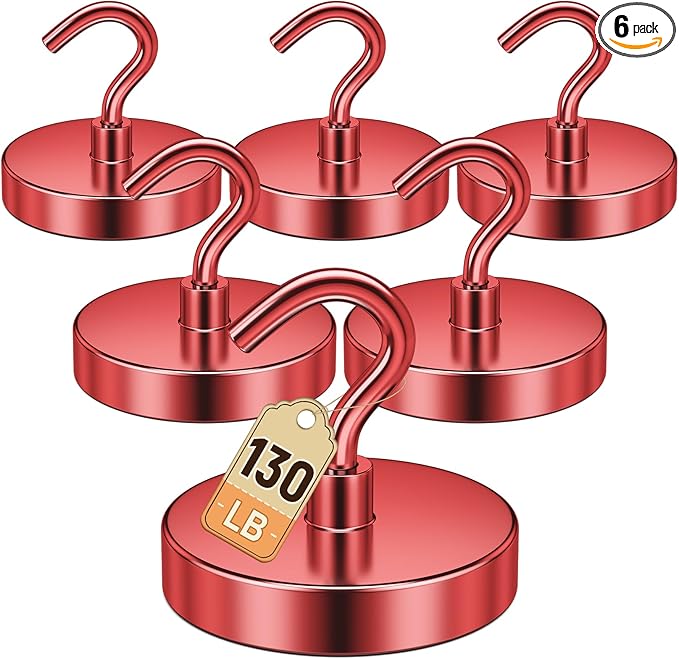 DURMATE Magnetic Hooks Heavy Duty, Red Magnet Hooks for Cruise Cabin, Cruise Ship Essentials, 130lbs Strong Refrigerator Magnets for Camper, Locker, Key Holder, Door Decorations, Classroom Essentials
