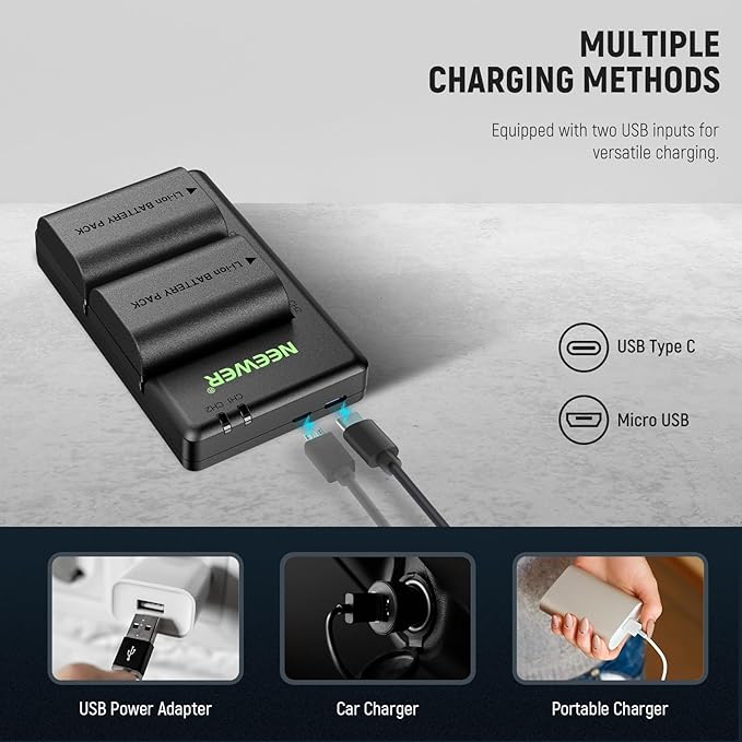 NEEWER Replacement Battery and Charger Set for LP-E6P/LP-E6NH/LP-E6N, 2 Pack 2200mAh Batteries and Dual Channel USB Charger, Compatible with Canon EOS R5II/R5/R6/R7/5DIV/6D/7D/60D/70D/80D/90D