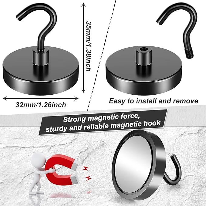 FINDMAG 6 Pack 110 LBS Magnetic Hooks Heavy Duty, Neodymium Magnet Hook, Strong Black Magnetic Hooks for Hanging, Magnet with Hook for Home, Kitchen, Bathroom, Office