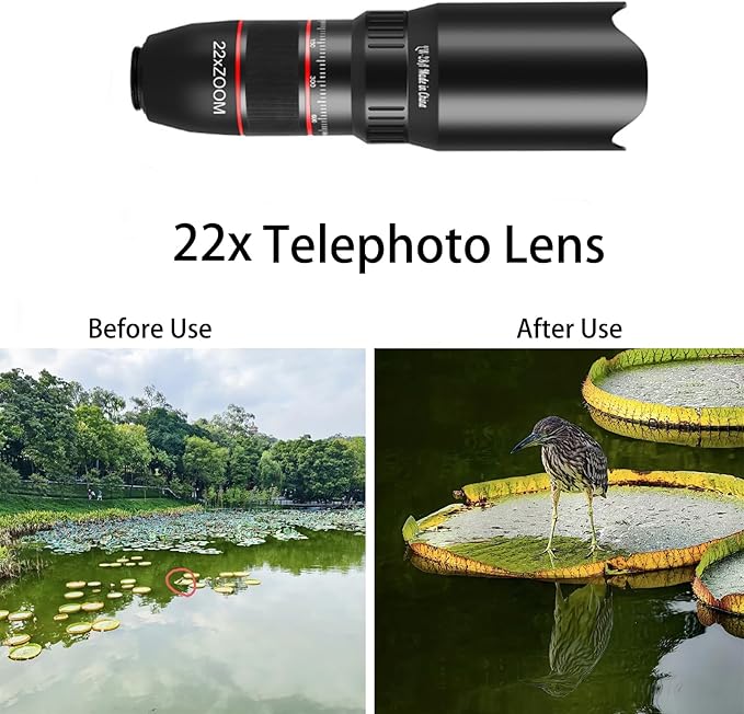 Cell Phone Camera Lens Kit, 6 in 1 Phone Lens Kit, 22x Telephoto Lens, 180° Fisheye Lens, 120° Super Wide-Angle Lens, 20x Macro Lens with Tripod & Universal Clip for iPhone Android Smartphone